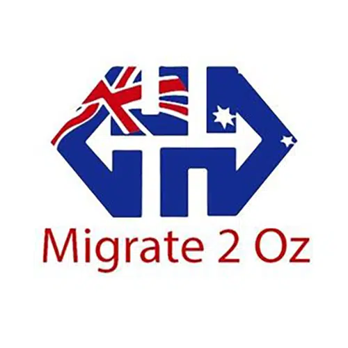 Migrate 2 Oz logo featuring the Australian flag.